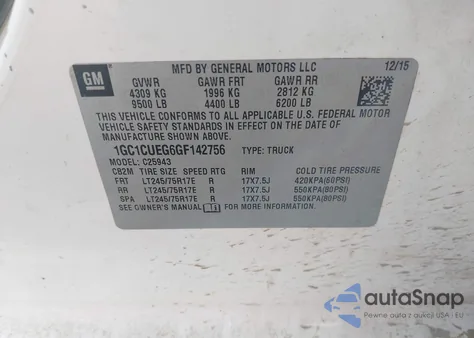 2016 Chevrolet Silverado 2500Hd Wt z USA, uszkodzony, nr VIN 1GC1CUEG6GF142756